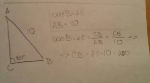 Втреугольнике abc угол с равен 90°,cosв=25,ав=10 найдите вс