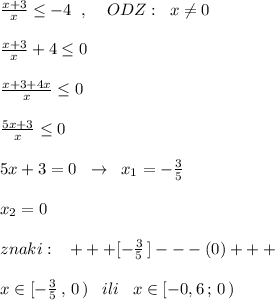 \frac{x+3}{x}\leq -4\; \; ,\; \; \; \; ODZ:\; \; x\ne 0\\\\\frac{x+3}{x}+4\leq 0\\\\\frac{x+3+4x}{x}\leq 0\\\\\frac{5x+3}{x}\leq 0\\\\5x+3=0\; \; \to \; \; x_1=-\frac{3}{5}\\\\x_2=0\\\\znaki:\; \; \; +++[-\frac{3}{5}\, ]---(0)+++\\\\x\in [-\frac{3}{5}\, ,\, 0\, )\; \; \; ili\; \; \; x\in [-0,6\, ;\, 0\, )