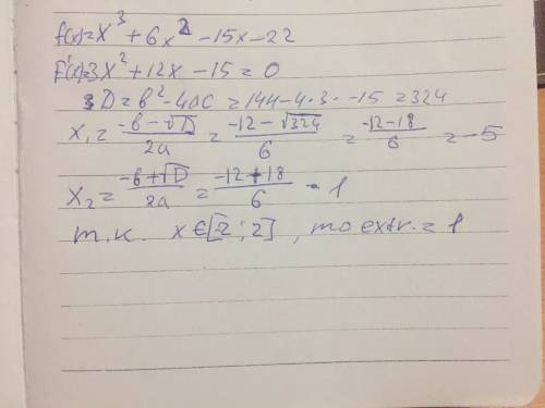 Дана функция f(x)=x^3+6x^2-15x-22 [-2; 2] найти критические точки и max/min функции