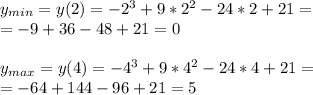 y_{min}= y(2)=-2^3+9*2^2-24*2+21= \\ =-9+36-48+21=0 \\ \\ &#10; y_{max}= y(4)=-4^3+9*4^2-24*4+21= \\ =-64+144-96+21=5