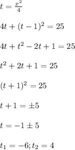 t=\frac{x^2}{4} \\ \\ &#10;4t +(t -1)^2=25 \\ \\ &#10;4t +t^2-2t+1=25 \\ \\ &#10;t^2+2t+1=25 \\ \\ &#10;(t +1)^2=25 \\ \\ &#10;t+1=б5 \\ \\ &#10;t=-1б5 \\ \\ &#10;t_1=-6;t_2=4 \\ \\ &#10;