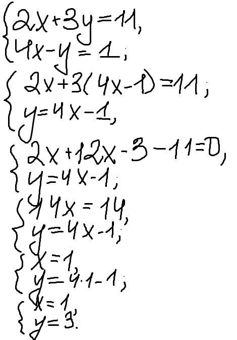 Решить систему уравнений 2x+3y=11 4x-y=1