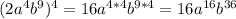 (2a ^{4}b ^{9}) ^{4} = 16a ^{4*4}b ^{9*4} = 16a ^{16}b ^{36}