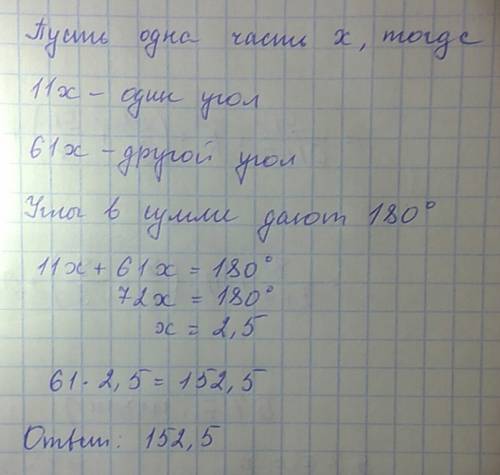 Найдите больший угол параллелограмма,если два его угла относятся как 11: 61.ответ дайте в градусах.