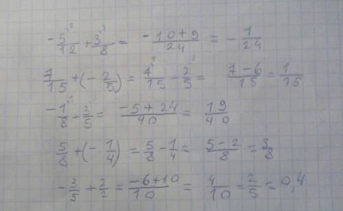 Найдите значения суммы: 1) -5/12+3/8= 2) 7/15+(-2/5)= 3) -1/8+3/5= 4) 5/8+(-1/4)= 5) -3/5+2/2= 6) 5/