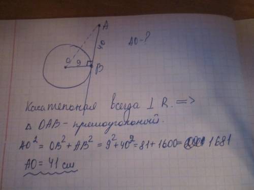 Из точки вне окружности радиуса 9 см проведена касательная с расстоянием до точки касания 40 см.опре