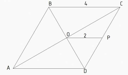 Abcd — ромб, диагонали которого пересекаются в точке o. отрезок op — медиана треугольника cod. вычис