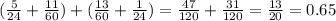 (\frac{5}{24} + \frac{11}{60} )+( \frac{13}{60} + \frac{1}{24} )= \frac{47}{120} + \frac{31}{120} = \frac{13}{20} =0.65