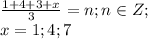 \frac{1+4+3+x}{3}=n;n\in Z;\\x=1;4;7