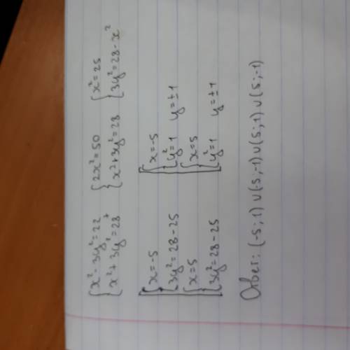 Решите систему уравнений методом сложения х^2-3y^2=22, x^2+3y^2=28.