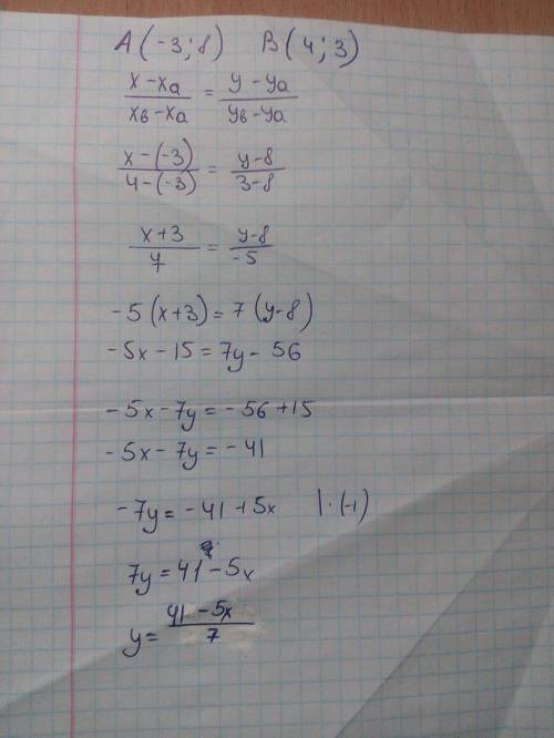 Напишите уравнение прямой проходящей через точки а(-3; 8) в(4; 3)