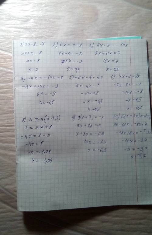 Решить уравнения ! 3x-8=-x 6x=x-2 5x-3=-10x -4x=-10x-9 -6x-5=4x -7x+8=9x 3=4(x+2) 9(x+7)=-x 6(5-3x)=