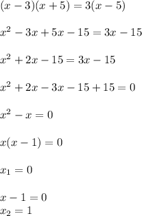 (x-3)(x+5)=3(x-5)\\\\&#10;x^2-3x+5x-15=3x-15\\\\&#10;x^2+2x-15=3x-15\\\\&#10;x^2+2x-3x-15+15=0\\\\&#10;x^2-x=0\\\\&#10;x(x-1)=0\\\\&#10;x_1=0\\\\&#10;x-1=0\\&#10;x_2=1