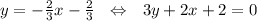 y=- \frac{2}{3}x- \frac{2}{3} \ \ \Leftrightarrow \ \ 3y+2x+2=0