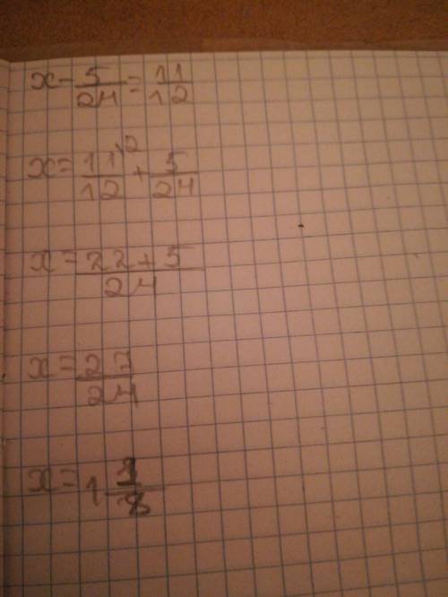 Решите уравнения 2} x-1/6=1/9 4} x-5/24=11/12 6}x-1/6=7/9 8}y+2/5=1/2