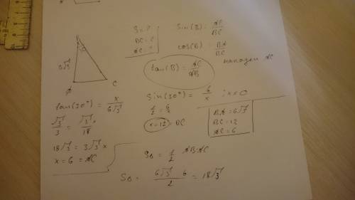 Дано: катет а=6√3 угол β=30º найти: s, неизвестные стороны треугольника.