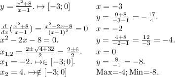 \begin{array}{ll} y=\frac{x^{2}+8}{x-1} .\mapsto [-3;0]& x=-3\\ & y=\frac{9+8}{-3-1} =-\frac{17}{4} .\\ \frac{d}{dx} (\frac{x^{2}+8}{x-1} )=\frac{x^{2}-2x-8}{(x-1)^{2}} =0& x=-2\\ x^{2}-2x-8=0.& y=\frac{4+8}{-2-1} =\frac{12}{-3} =-4.\\ x_{1,2}=\frac{2\pm \sqrt{4+32} }{2} =\frac{2\pm 6}{2} .& x=0\\ x_{1}=-2. \mapsto \in [-3;0].& y=\frac{8}{-1} =-8.\\ x_{2}=4.\mapsto \notin [-3;0]& \text{Max=-4};\text{Min=-8.} \end{array}