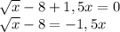 \sqrt{x}-8+1,5x=0 \\ \sqrt{x} -8=-1,5x