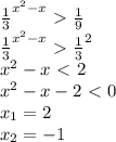 \frac{1}{3}^{x^2-x}\ \textgreater \ \frac{1}{9} \\ \frac{1}{3}^{x^2-x}\ \textgreater \ \frac{1}{3}^2 \\ x^2-x\ \textless \ 2 \\ x^2-x-2\ \textless \ 0 \\ x_1=2 \\ x_2=-1