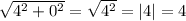 \sqrt{ {4}^{2} + {0}^{2} } = \sqrt{ {4}^{2} } = |4| = 4