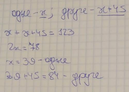 Знайти два числа, одне з яких на 45 більше за інше а їх сума дорівнює 123 ​