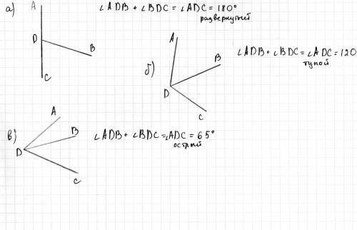 Начертите два угла так чтобы вместе они составляли: а) развернутый угол б) тупой угол в) острый угол