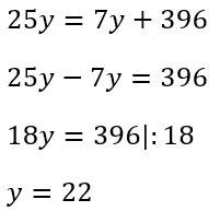 Определи значение буквы y, при котором выражение 25y больше 7y на 396.