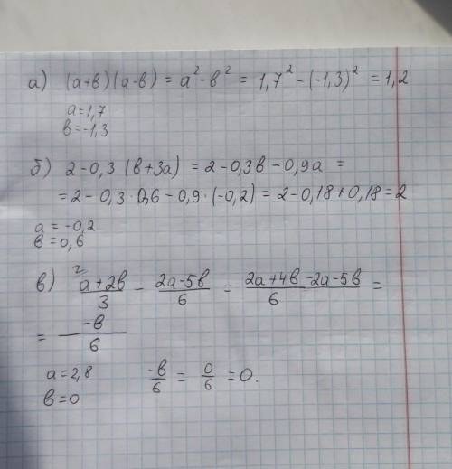 7класс найдите значение данного выражения а) (а.+b) a- b) при a= 1,7 и b = - 1,3. б) 2-0,3(b+3a) при