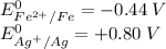 \begin{array}{l} E^{0}_{Fe^{2+}/Fe} = -0.44 \; V \\ E^{0}_{Ag^{+}/Ag} = +0.80 \; V \end{array}