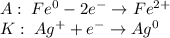 \begin{array}{l} A: \; Fe^{0} - 2e^{-} \to Fe^{2+} \\ K: \; Ag^{+} + e^{-} \to Ag^{0} \end{array}