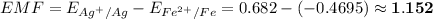 EMF = E_{Ag^{+}/Ag} - E_{Fe^{2+}/Fe} = 0.682 - (-0.4695) \approx \bf{1.152}