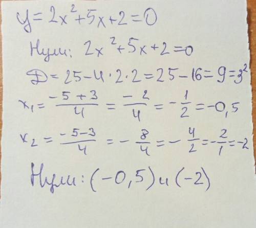 Y=2x(в квдарате х)+5x+2=0 найти нули функции