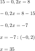 15-0,2x=8 \\ \\ -0,2x=8-15 \\ \\ -0,2x=-7 \\ \\ x=-7 : (-0,2) \\ \\ x=35