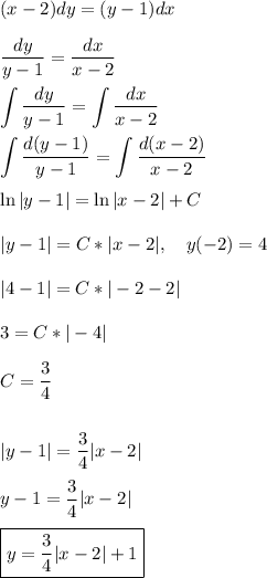 \displaystyle (x-2)dy=(y-1)dx\\\\\frac{dy}{y-1}=\frac{dx}{x-2}\\\\ \int\limits\frac{dy}{y-1}= \int\limits\frac{dx}{x-2}\\\\\int\limits\frac{d(y-1)}{y-1}= \int\limits\frac{d(x-2)}{x-2}\\\\\ln|y-1|=\ln|x-2|+C\\\\|y-1|=C*|x-2|,\quad y(-2)=4\\\\|4-1|=C*|-2-2|\\\\3=C*|-4|\\\\C=\frac{3}4\\\\\\|y-1|=\frac{3}4|x-2|\\\\y-1=\frac{3}4|x-2|\\\\\boxed{y=\frac{3}4|x-2|+1}