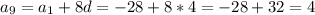 a _{9} = a _{1} + 8d = - 28 + 8*4 = - 28 + 32 = 4