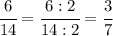 \cfrac{6}{14}= \cfrac{6:2}{14:2} = \cfrac{3}{7}