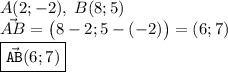 \tdisplaystyle A(2;-2),\; B(8;5)\\ \vec{AB} =\begin{pmatrix}8-2;5-(-2)\end{pmatrix} =(6;7)\\ \boxed{\vec{\tt AB} (6;7)}