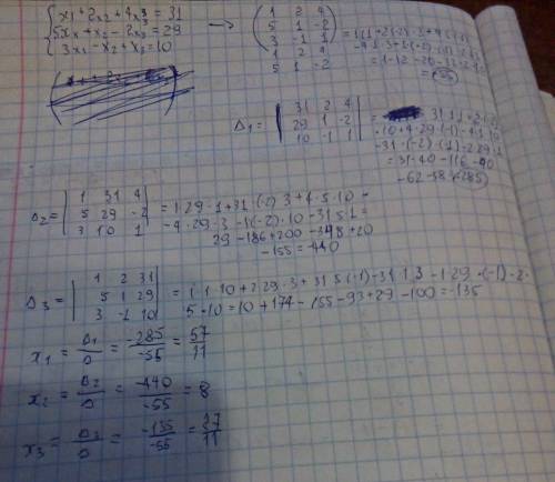 Решить систему уравнений методом крамера и матричным методом {x₁+2x₂+4x₃=31 {5x₁+x₂-2x₃=29 {3x₁-x₂+x