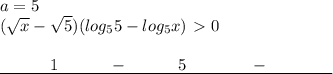 a=5\\(\sqrt{x}- \sqrt{5})(log_55-log_5x)\ \textgreater \ 0\quad \quad\\\\\underline{\quad\quad\quad1\quad\quad\quad-\quad\quad\quad5\quad\quad\quad\quad-\quad\quad\quad\quad}