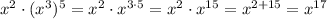 x^2\cdot (x^3)^5=x^2\cdot x^{3\cdot 5}=x^2\cdot x^{15}=x^{2+15}=x^{17}