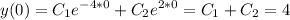 \displaystyle y(0)=C_1e^{-4*0}+C_2e^{2*0}=C_1+C_2=4