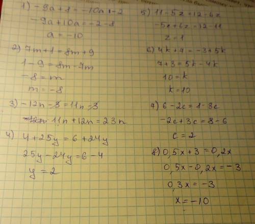 1)-9a+8=-10a-2 2)7m+1=8m+9 3)-12n-3=11n-3 4)4+25y=6+24y 5)11-5z=12-6z 6)4k+7=-3+5k 7)6-2c=8-3c 8)0,5