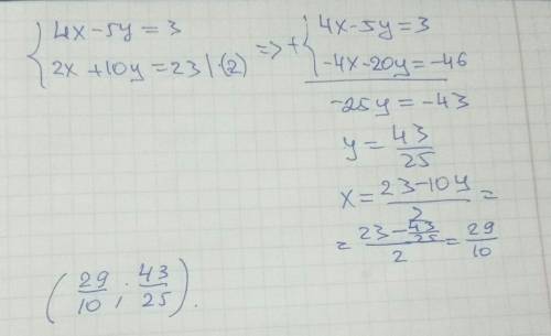 Реши систему уравнений 4x−5y=3 2x+10y=23 :