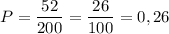 P= \dfrac{52}{200}= \dfrac{26}{100}=0,26