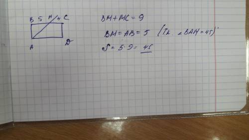 Впрямоугольнике abcd проведена биссектриса am, bm=5см, mc=4см найдите площадь прямоугольника