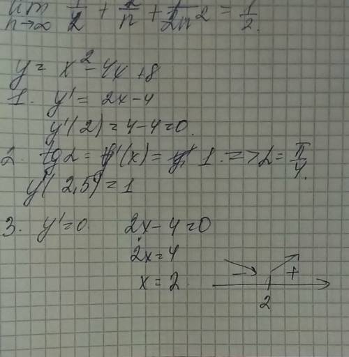 Дана функция y=x^2 -4x+8 1)вычислите производную этой функции в точке x=2 2)вычислите угловой коэффи