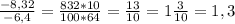 \frac{-8,32}{-6,4} = \frac{832*10}{100*64} = \frac{13}{10} =1 \frac{3}{10} = 1,3