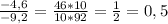 \frac{-4,6}{-9,2} = \frac{46*10}{10*92} = \frac{1}{2} = 0,5