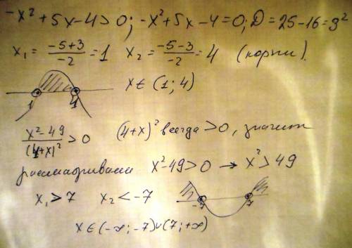 Решите неравенство () 1) -x^2+5x-4> 0 2)x^2-49 > 0 (это дробь если че) (4+x)^2