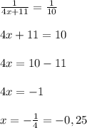 \frac{1}{4x+11} = \frac{1}{10}\\\\4x + 11 = 10\\\\4x = 10 - 11\\\\4x = -1\\\\x = -\frac{1}{4} = -0,25